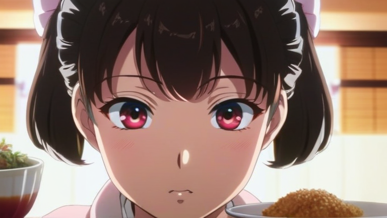 cute anime girl looking at various delicious Japanese food with sparkling eyes, feeling hungry