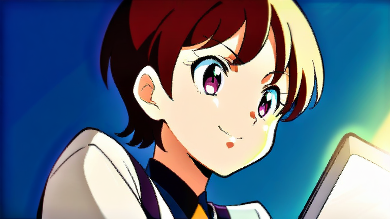 cute anime girl explaining, holding a tablet with a graph, confident smile