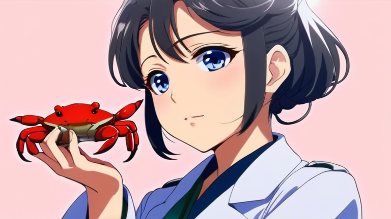 beautiful anime girl in a professional uniform, holding a crab, looking at it thoughtfully with a serious expression, lab coat