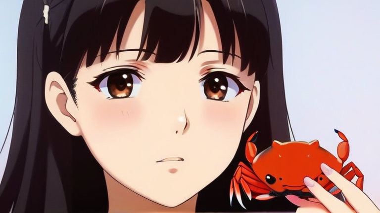 cute anime girl thinking hard, holding a crab, looking at a thermometer with a serious face