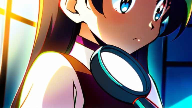 beautiful anime girl holding a magnifying glass, looking closely at a product description, thoughtful expression