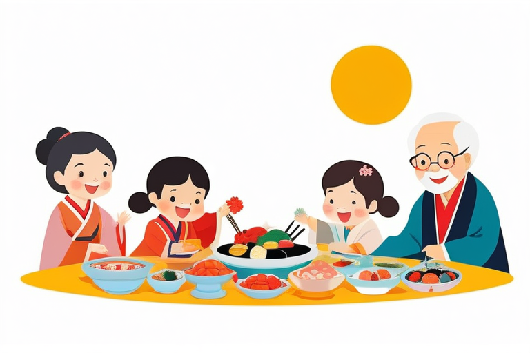 A diverse family (parents, two children, grandparents) happily gathered around a New Year's table laden with a variety of osechi dishes. (両親、子供2人、祖父母からなる多様な家族が、様々なおせち料理が並んだお正月の食卓を囲んで楽しそうにしている様子)