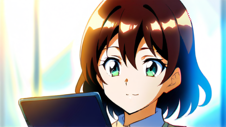 a confident anime girl holding a tablet with a graph, professional smile