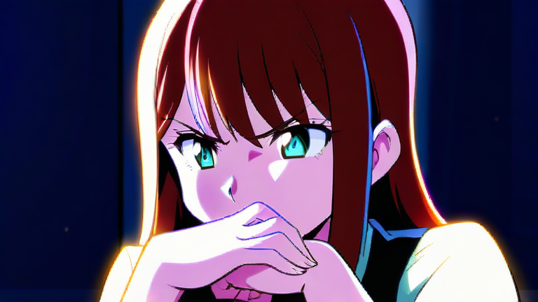 beautiful anime girl looking troubled, thinking pose, holding a credit card