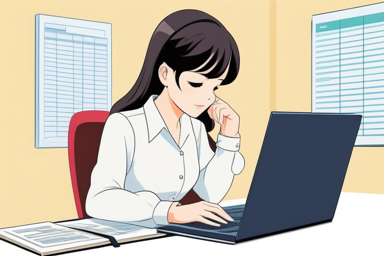 A person looking at old paper ledgers next to a laptop displaying accounting software, with a thoughtful expression. (古い紙の帳簿と会計ソフトが表示されたノートパソコンを並べて見つめ、思案顔の人物。)