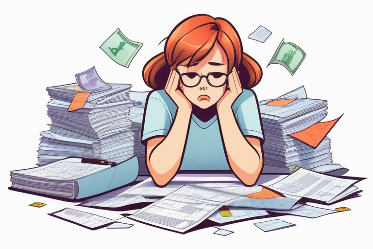 A person overwhelmed by stacks of financial documents and complex currency exchange charts, symbolizing the complexity of overseas FX/stock profit and loss calculation.