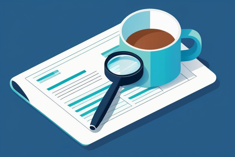 A hand holding a magnifying glass over a computer screen showing complex CSV data, with a calculator and coffee cup nearby.