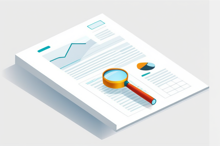 A magnifying glass hovering over a detailed software specification sheet, highlighting keywords like 