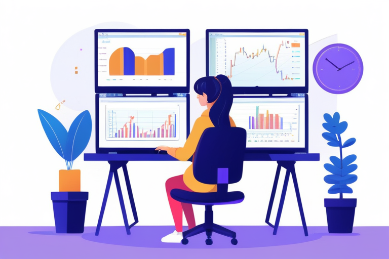 A Python developer working on a laptop with multiple screens, displaying code and financial data, symbolizing automation and efficiency. / ラップトップと複数の画面でコードと財務データを表示しているPython開発者のイメージ。自動化と効率性を象徴。