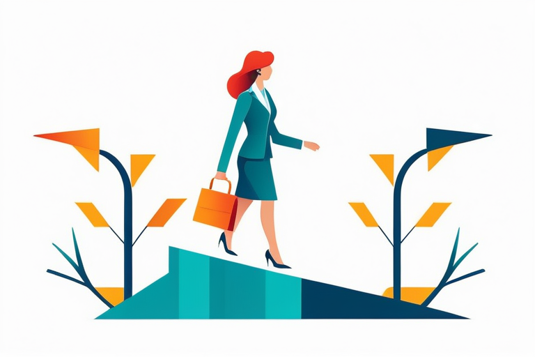 A 50-year-old professional woman confidently navigating a complex career path, symbolizing resilience and experience in the job market.