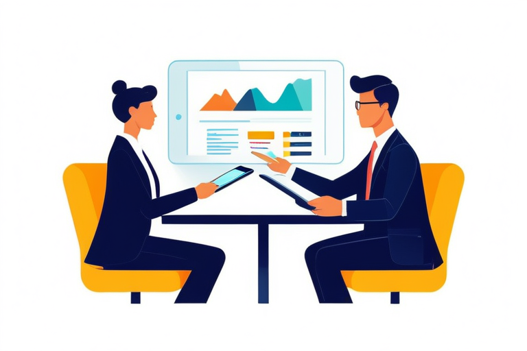 Two diverse business professionals comparing different recruitment agency logos on a tablet, emphasizing the selection process for job seekers.