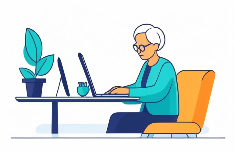 An elderly person with a calm expression, sitting at a desk and comfortably using a computer for tax filing, with a simple and clear software interface visible on the screen.