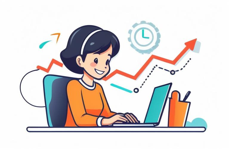 A person happily working on a laptop with charts and graphs on the screen, surrounded by elements representing business growth and efficiency, symbolizing automated accounting processes.