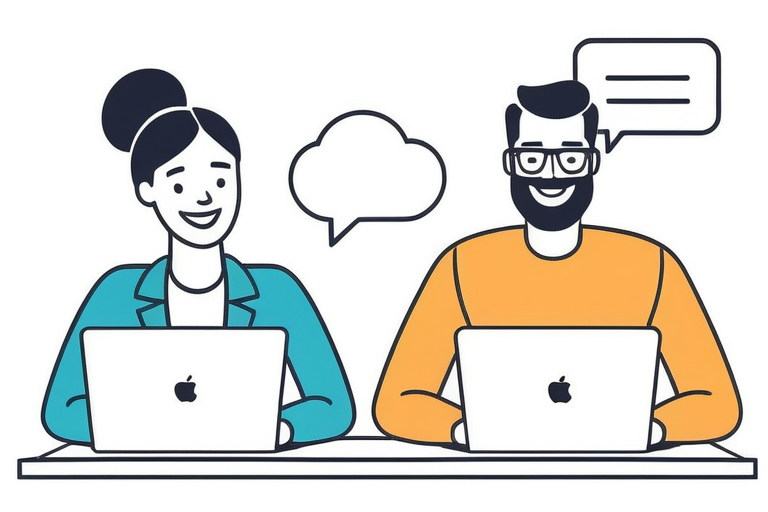 A diverse group of freelancers and small business owners happily using their Macs for tax preparation, with speech bubbles showing positive feedback and some thoughtful expressions.