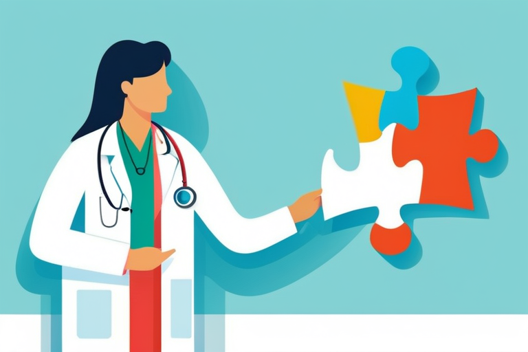A diverse group of medical professionals (doctor, nurse, pharmacist, therapist) standing confidently, each holding a different colored puzzle piece that fits perfectly, symbolizing successful career transitions facilitated by specialized recruitment agencies. The background shows blurred hospital and research lab settings.