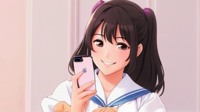 cute anime girl holding a smartphone, happy smile, pointing finger