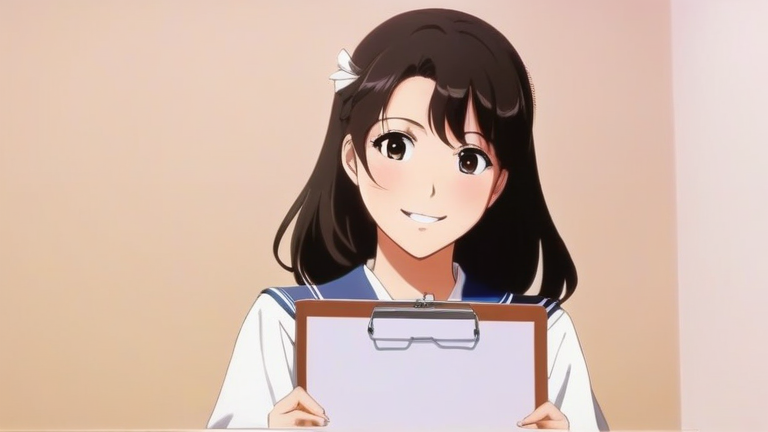 cute anime girl explaining things with a friendly smile, holding a clipboard