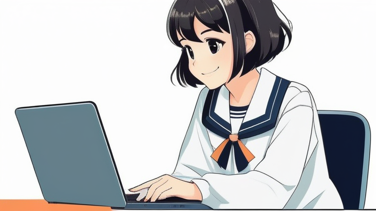 A friendly female student character smiling and pointing to a laptop, suggesting ease and helpfulness.