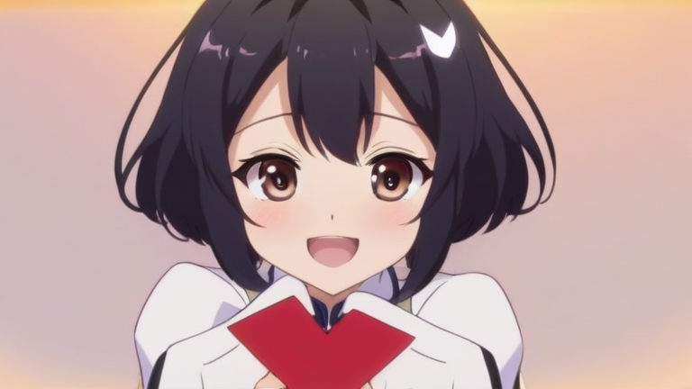 cute anime girl cheering with joy, holding a fast internet symbol