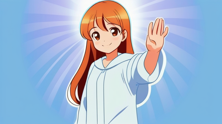 A friendly female character looking at a confused person with a reassuring smile, offering a helping hand towards a bright path.