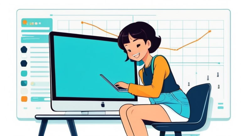 A joyful female character sitting in front of a laptop, confidently pointing at a clear comparison table on the screen.