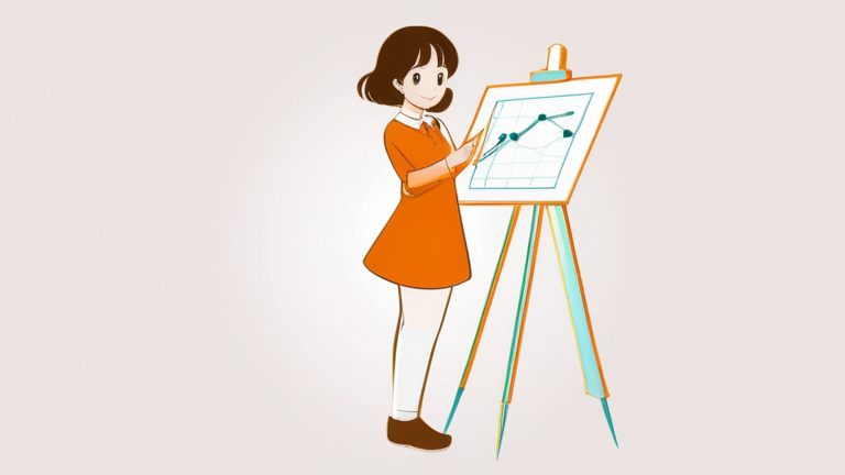 A friendly female character explaining complex concepts with simple gestures, smiling and pointing to a chart.