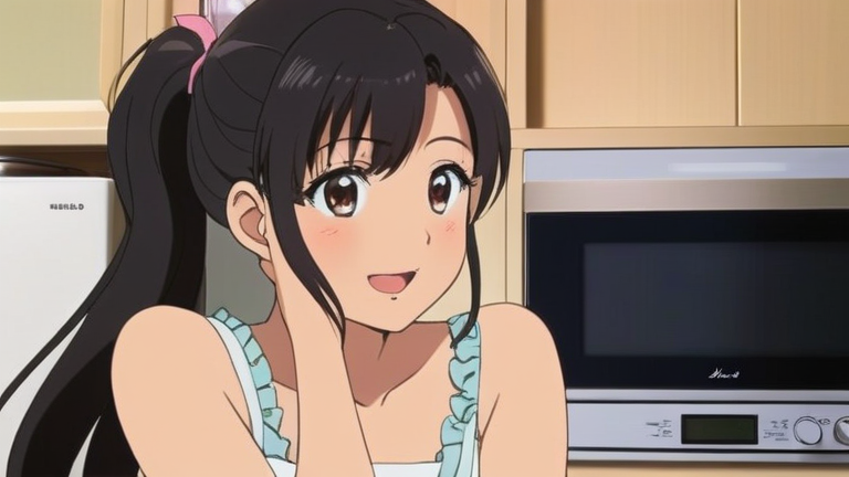 A cheerful young woman student, surrounded by new home appliances in her room, looking happy and a bit overwhelmed with a thought bubble "Which one should I choose?"