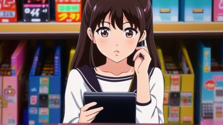A young woman student thoughtfully comparing different shopping options on her laptop and phone, with icons representing various stores like electronics store, online shop, second-hand store