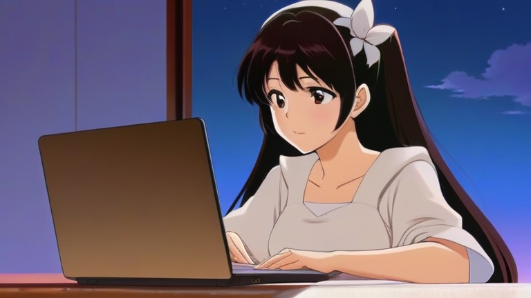 A young woman with a worried expression looking at her laptop, gradually smiling with relief as she reads an article about career change.